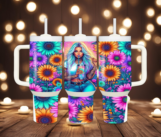 40oz girl with sunflowers sublimation tumbler wrap