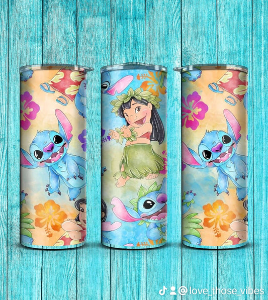 20oz Stitch, Blue Alien and Lilo tumbler