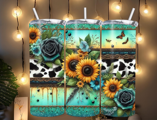 20oz Sunflowers and teal roses tumbler