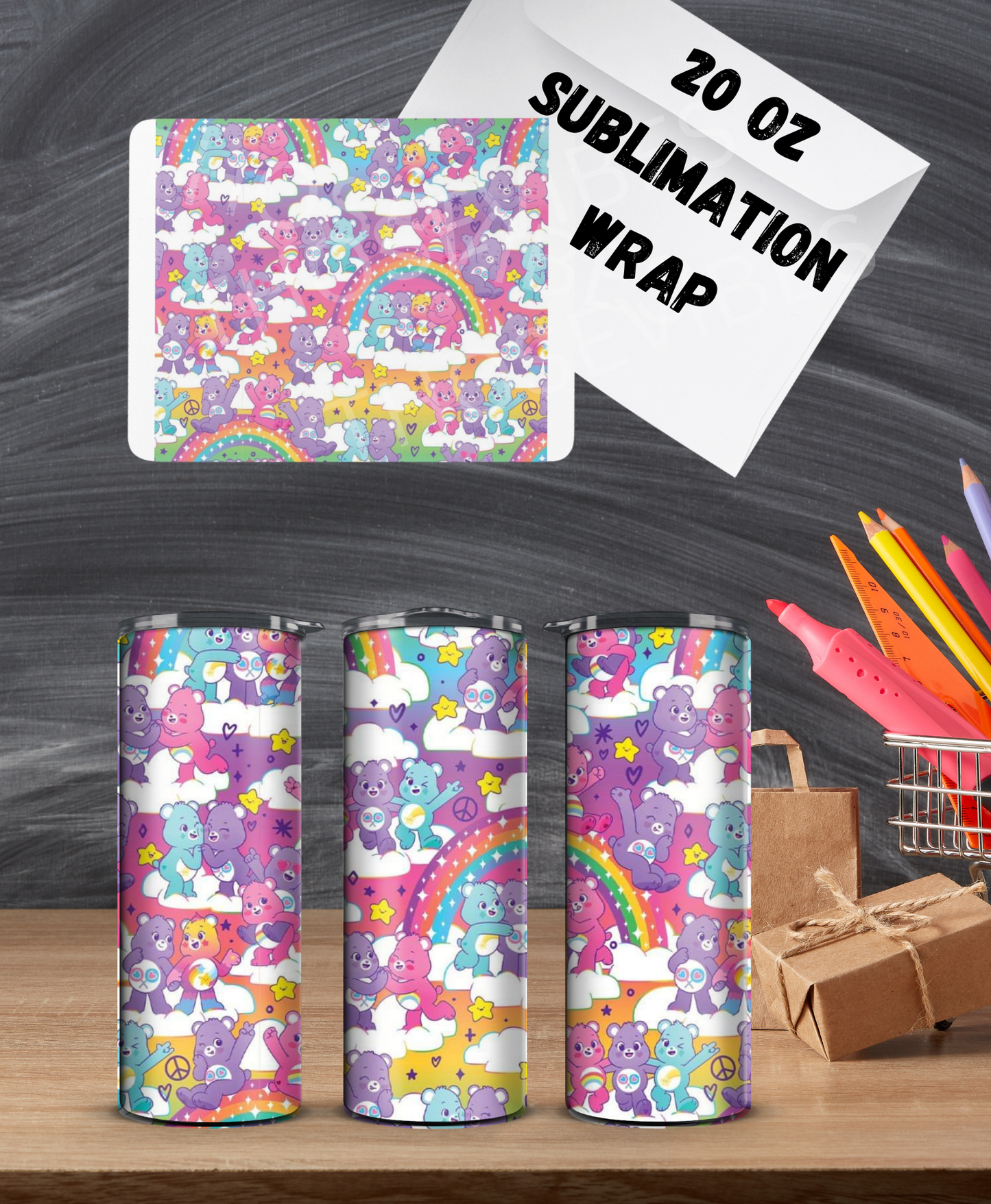 20oz care bears and rainbows sublimation wrap