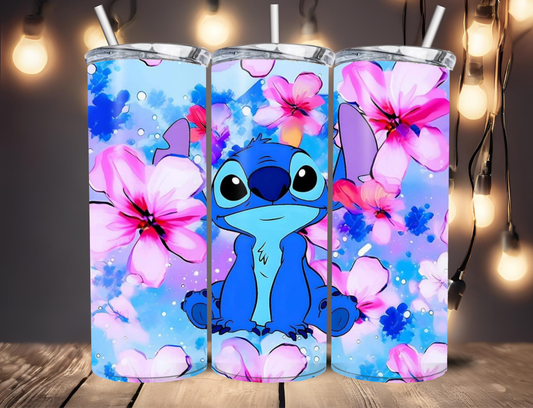 20oz blue Alien with pink and blue flower tumbler dupe